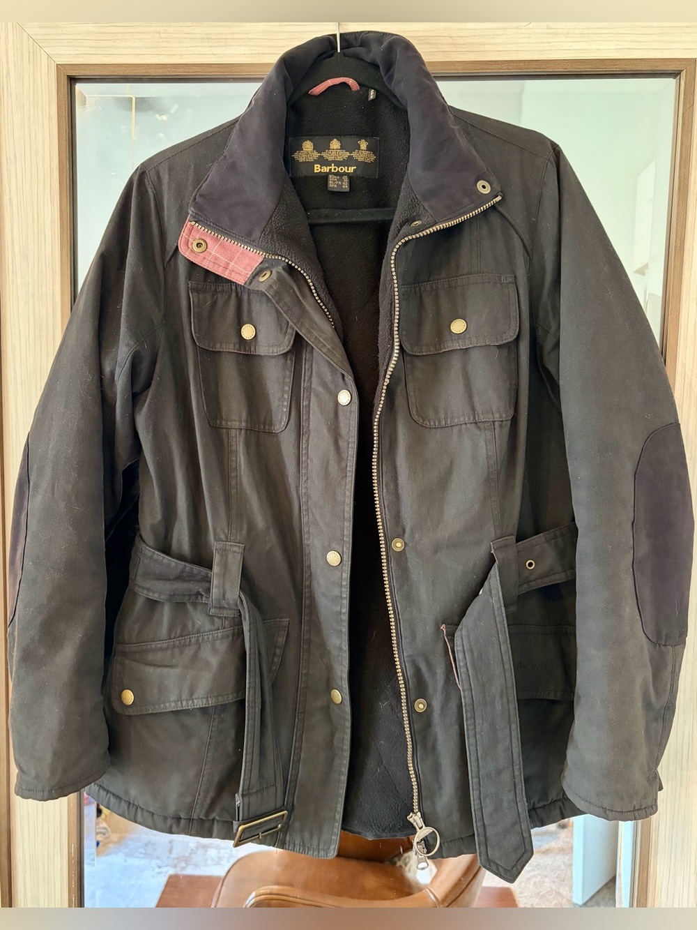 Barbour International Women’s waxed Jacket Size 10 Black Belted Zip *No Hood*